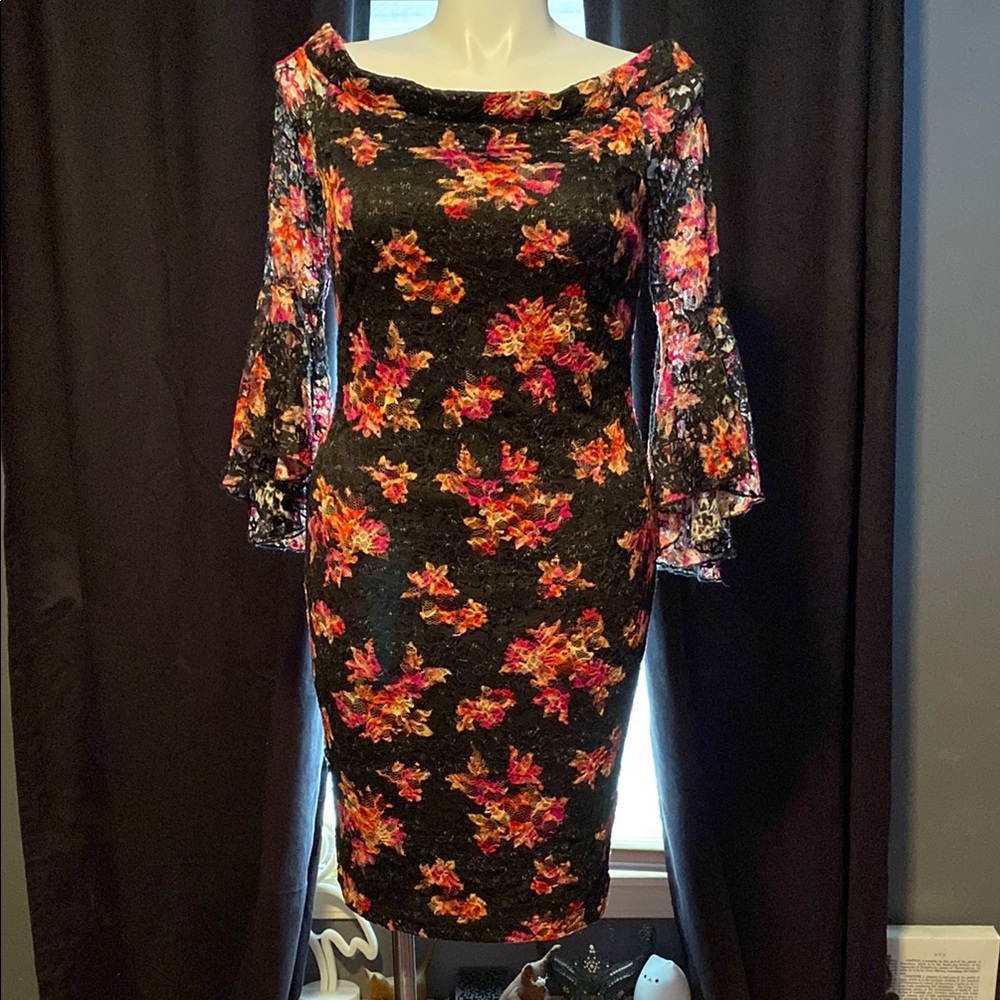 Black floral stretch over black curvy fit bell sleeve Marilyn neckline dress 14